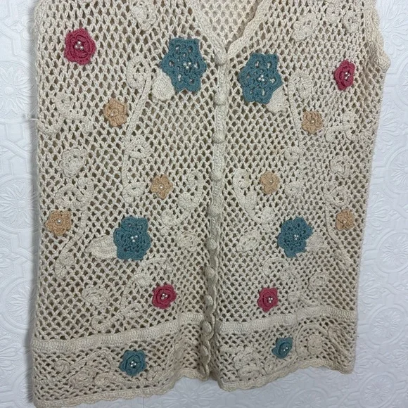 Vintage Crochet Vest Sleeveless Top Blouse Shirt Handmade Patchwork Whimsical - Picture 3 of 6